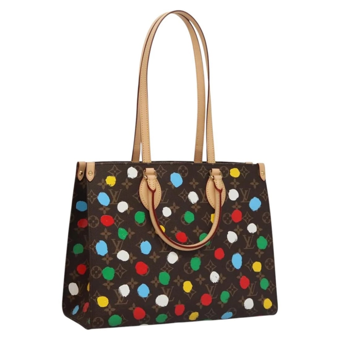 LOUIS VUITTON MONOGRAM PAINTED DOTS ON THE GO MM BAG: LOUIS VUITTON Monogram Painted Dots On the Go MM Bag Brand: LOUIS VUITTON Type/Style: Tote Bag Material: Monogram Canvas Color: Monogram Size: Size(Inch) W13.8 x H10.6 x D5.5inch(Approx) Handle Drop:4