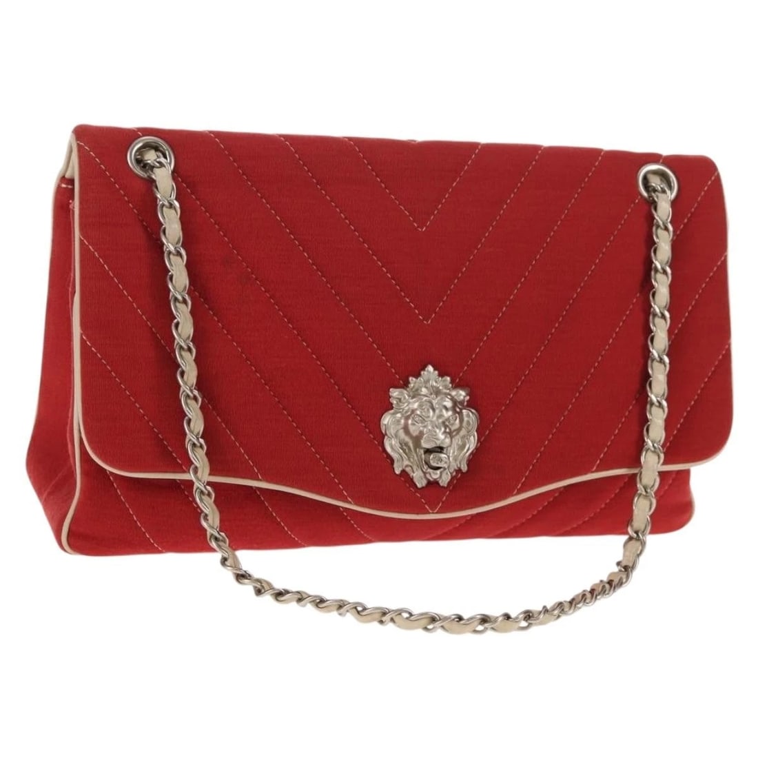 CHANEL V STITCH FLAP CHAIN SHOULDER BAG COTTON RED SILVER (1 of 7)