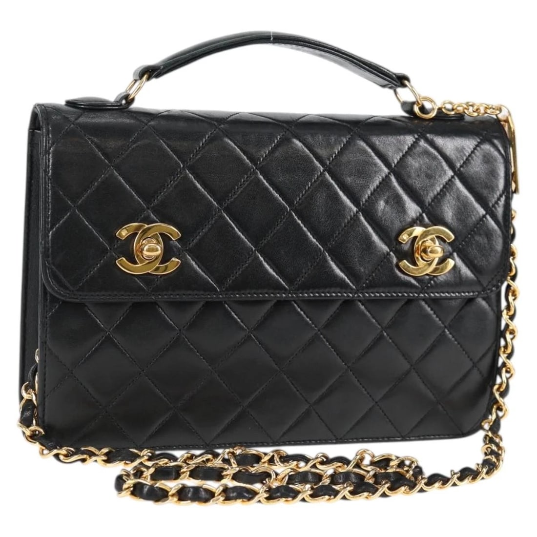 CHANEL MATELASSE DOUBLE TURN LOCK COCO CHAIN BAG LAMB SKIN: CHANEL Matelasse Double Turn Lock Coco Chain Bag Lamb Skin Brand: CHANEL Type/Style: Shoulder Bag Material: Lamb Skin Color: Black/Gold Size: Size(Inch) W9.1 x H5.5 x D2.4inch(Approx) Accessories:
