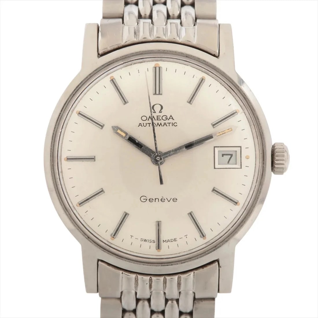 OMEGA GENEVA SS AT SILVER-FACE WATCH: Omega Geneva SS AT Silver-Face Brand: Omega Type/Style: Wristwatch Material: SS Color: Dial Color Silver Size: Case:W1.2 x H1.2inch / W35 x H35 Circumference of Wrist:6.5inch / 16.5 Accessories: N