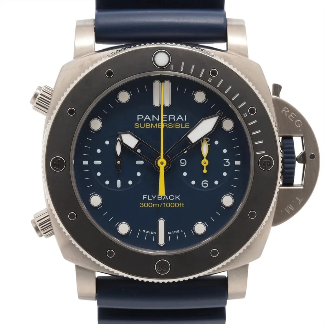 PANERAI SUBMERSIBLE CHRONO TI X RUBBER AT WATCH: Panerai Submersible Chrono TI x rubber AT Brand: Panerai Type/Style: Wristwatch Material: Ti & rubber Color: Dial Color Blue Size: Case:W1.6 x H1.6inch / W46 x H46 Circumference of Wrist:8.1inch / 20.
