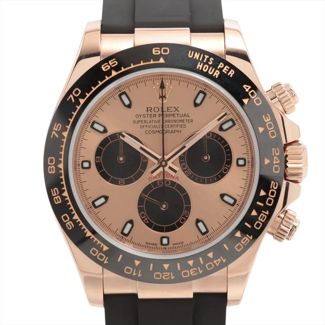 ROLEX COSMOGRAPH DAYTONA PG & RUBBER AT PINK-FACE WATCH: Rolex Cosmograph Daytona PG & rubber AT Pink-Face Brand: Rolex Type/Style: Wristwatch Material: PG & rubber Color: Dial Color Pink Size: Case:W1.6 x H1.6inch / W40 x H40 Circumference of Wrist:7.1inch