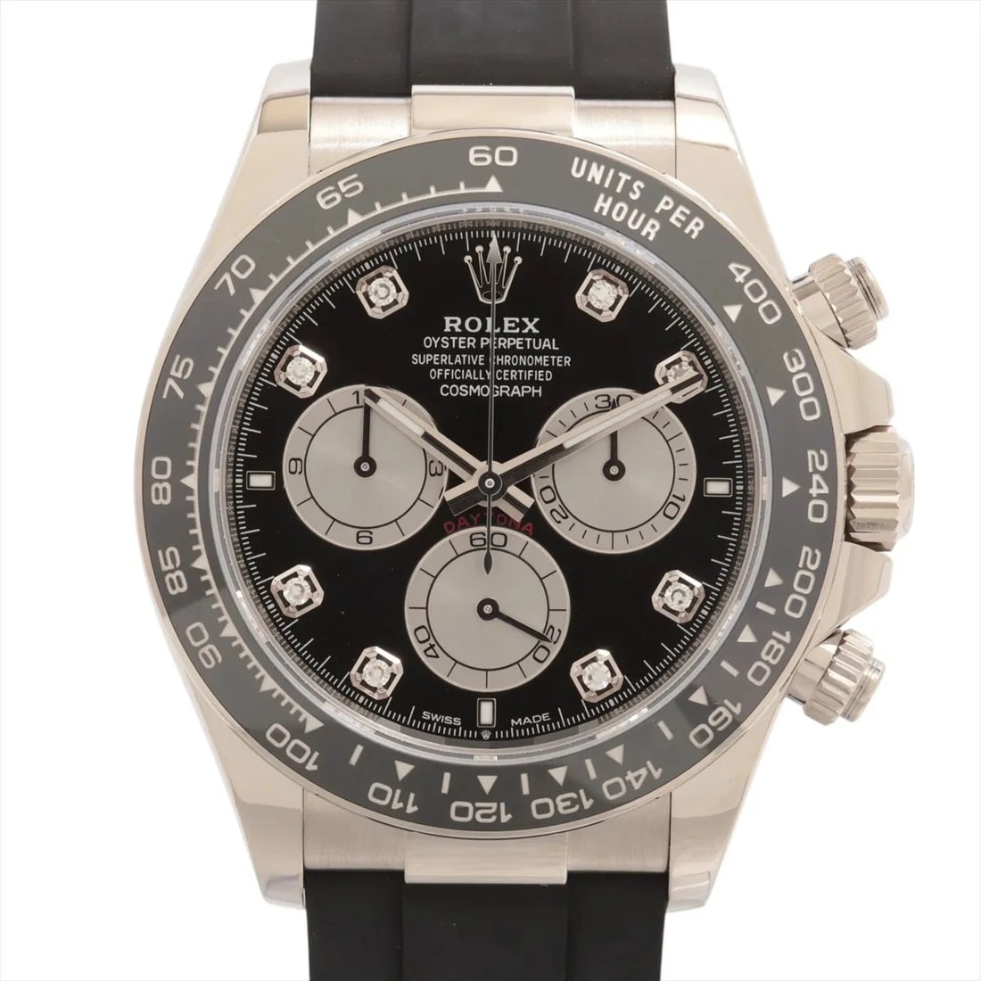 ROLEX COSMOGRAPH DAYTONA WG & RUBBER AT BRIGHT BLACK DIAL WATCH: Rolex Cosmograph Daytona WG & rubber AT bright black dial Brand: Rolex Type/Style: Wristwatch Material: WG & rubber Color: Dial Color bright black Size: Case:W1.6 x H1.6inch / W40 x H40 Circumference 