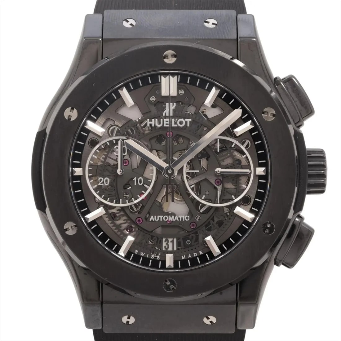HUBLOT CLASSIC FUSION AERO FUSION CHRONOGRAPH BLACK MAGIC WATCH: Hublot Classic Fusion Aero Fusion Chronograph Black magic Brand: Hublot Type/Style: Wristwatch Material: CE ? SS ? rubber Color: Dial Color Skeleton Size: Case:W1.6 x H1.6inch / W45 x H45 Circumferenc