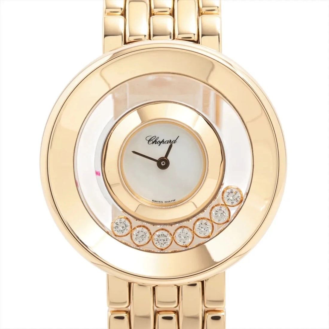 CHOPARD HAPPY DIAMOND YG QZ WHITE SHELL DIAL WATCH: Chopard Happy Diamond YG QZ white shell dial Brand: Chopard Type/Style: Wristwatch Material: YG Color: Dial Color white shell Size: Case:W0.8 x H0.8inch / W26 x H26 Circumference of Wrist:6.9inch / 17