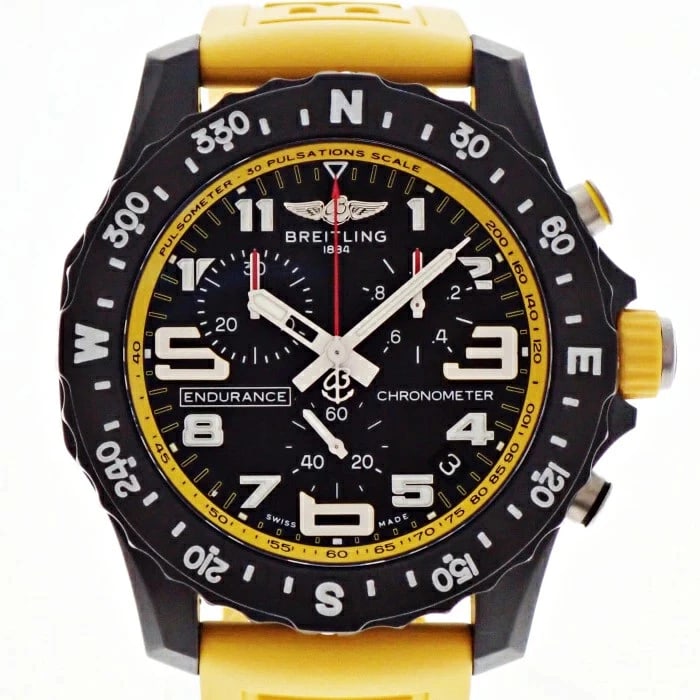 BREITLING ENDURANCE PRO CHRONOGRAPH QUARTZ BLACK DIAL WATCH: Breitling Endurance Pro Chronograph Quartz Black Dial Watch Brand: BREITLING Type/Style: Wristwatch Material: rubber Color: Black dial Size: Case size: 44mm Accessories: None Accessories Notice: When