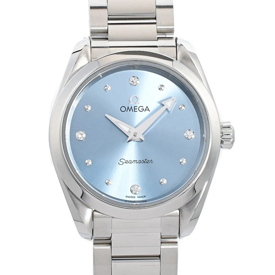 OMEGA SEAMASTER QUARTZ MOVEMENT ICE BLUE DIAL WATCH: Omega Seamaster Quartz Movement Ice Blue Dial Watch Brand: OMEGA Type/Style: Wristwatch Material: Stainless Steel Color: Ice Blue dial Size: Case size: 28mm Wrist size: Approx. 15cm Accessories: N