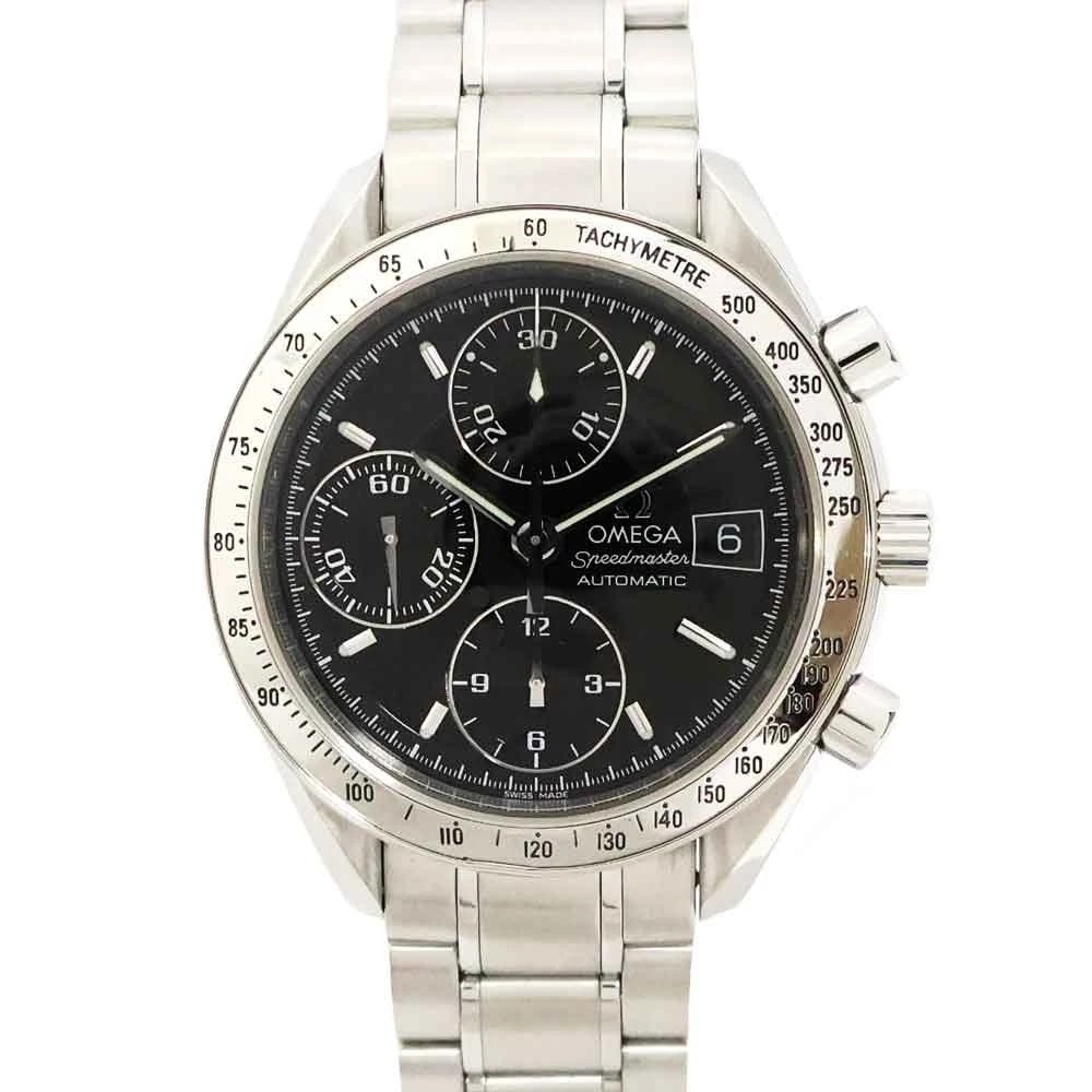 OMEGA SPEEDMASTER AUTOMATIC CHRONOGRAPH STAINLESS STEEL BLACK WATCH: Omega Speedmaster Automatic Chronograph Stainless Steel Black Watch Brand: OMEGA Type/Style: Wristwatch Material: Stainless Steel Color: Black dial Size: Case size: 39mm Wrist size: 17cm Accessories: