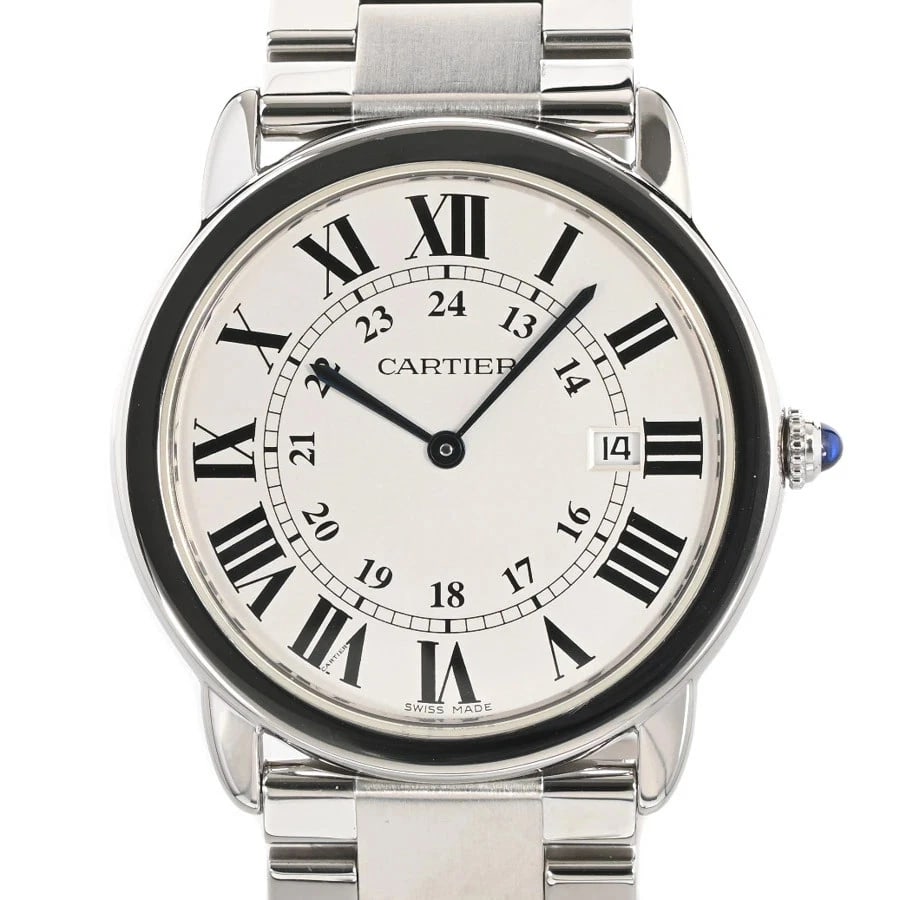 CARTIER RONDE SOLO QUARTZ SILVER STAINLESS STEEL WATCH: Cartier Ronde Solo Quartz Silver Stainless Steel Watch Brand: CARTIER Type/Style: Wristwatch Material: Stainless Steel Color: Silver dial Size: Case size: 36mm Wrist size: Approx. 16cm Accessories: