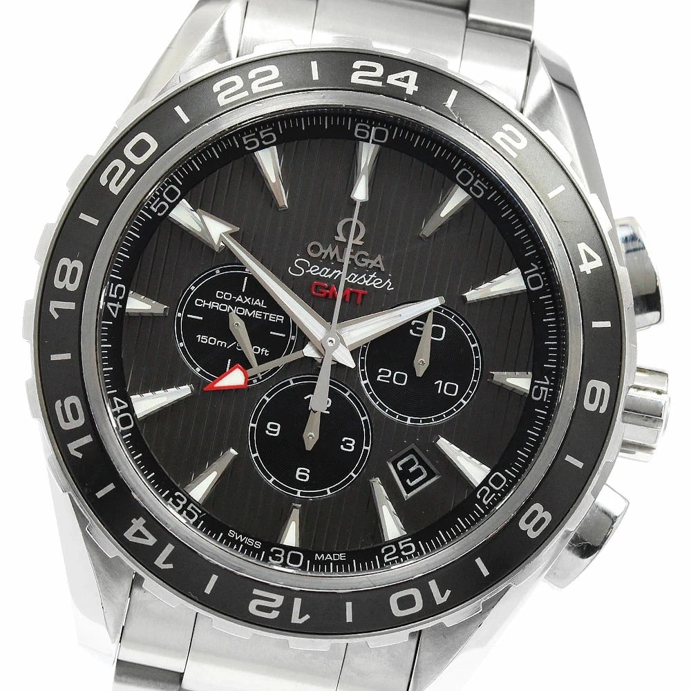 OMEGA SEAMASTER AQUA TERRA GMT CHRONOGRAPH AUTOMATIC WATCH: Omega Seamaster Aqua Terra Gmt Chronograph Automatic Watch Brand: OMEGA Type/Style: Wristwatch Material: Stainless Steel Color: black dial Size: Case size: Approx. 44mm Wrist size: Approx. 17.5cm