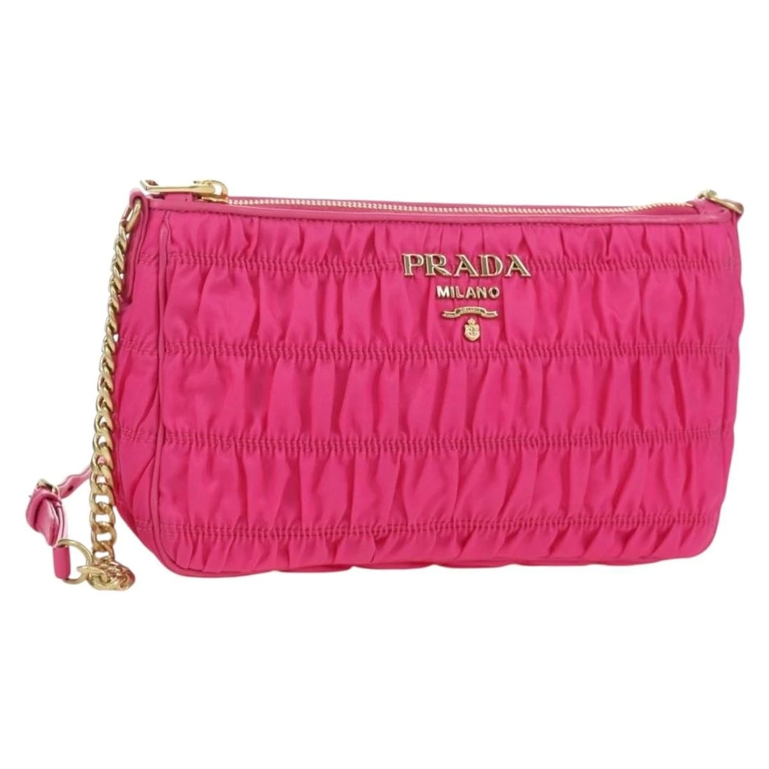 PRADA CHAIN SHOULDER BAG NYLON PINK GOLD: PRADA Chain Shoulder Bag Nylon Pink Gold Brand: PRADA Type/Style: Shoulder Bag Material: Nylon Color: Pink/Gold Size: Size(Inch) W9.4 x H5.5 x D2.8inch(Approx) Accessories: None Accessorie