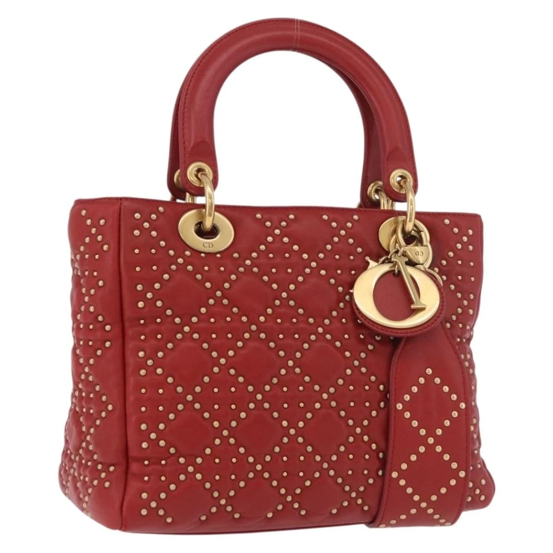 CHRISTIAN DIOR LADY CANAGE HAND BAG LEATHER 2WAY RED GOLD: Christian Dior Lady Canage Hand Bag Leather 2way Red Gold Brand: Christian Dior Type/Style: Hand Bag Material: Leather Color: Red/Gold Size: Size(Inch) W9.4 x H7.5 x D3.5inch(Approx) Handle Drop:4.7in