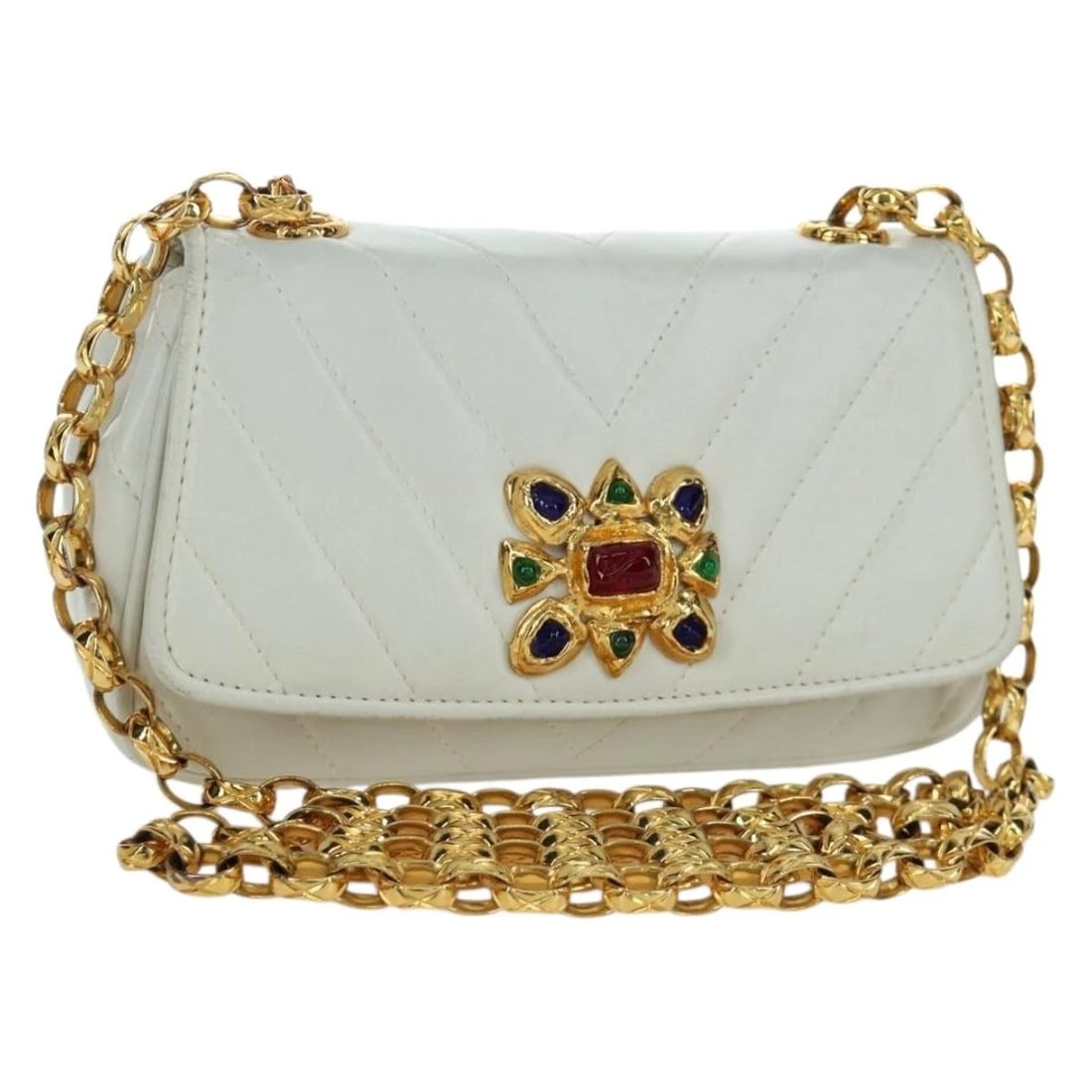 CHANEL GRIBOA V STITCH CHAIN SHOULDER BAG LEATHER WHITE GOLD: CHANEL Griboa V Stitch Chain Shoulder Bag Leather White Gold Brand: CHANEL Type/Style: Shoulder Bag Material: Leather Color: White/Gold Size: Size(Inch) W7.1 x H3.9 x D1.6inch(Approx) Accessories: