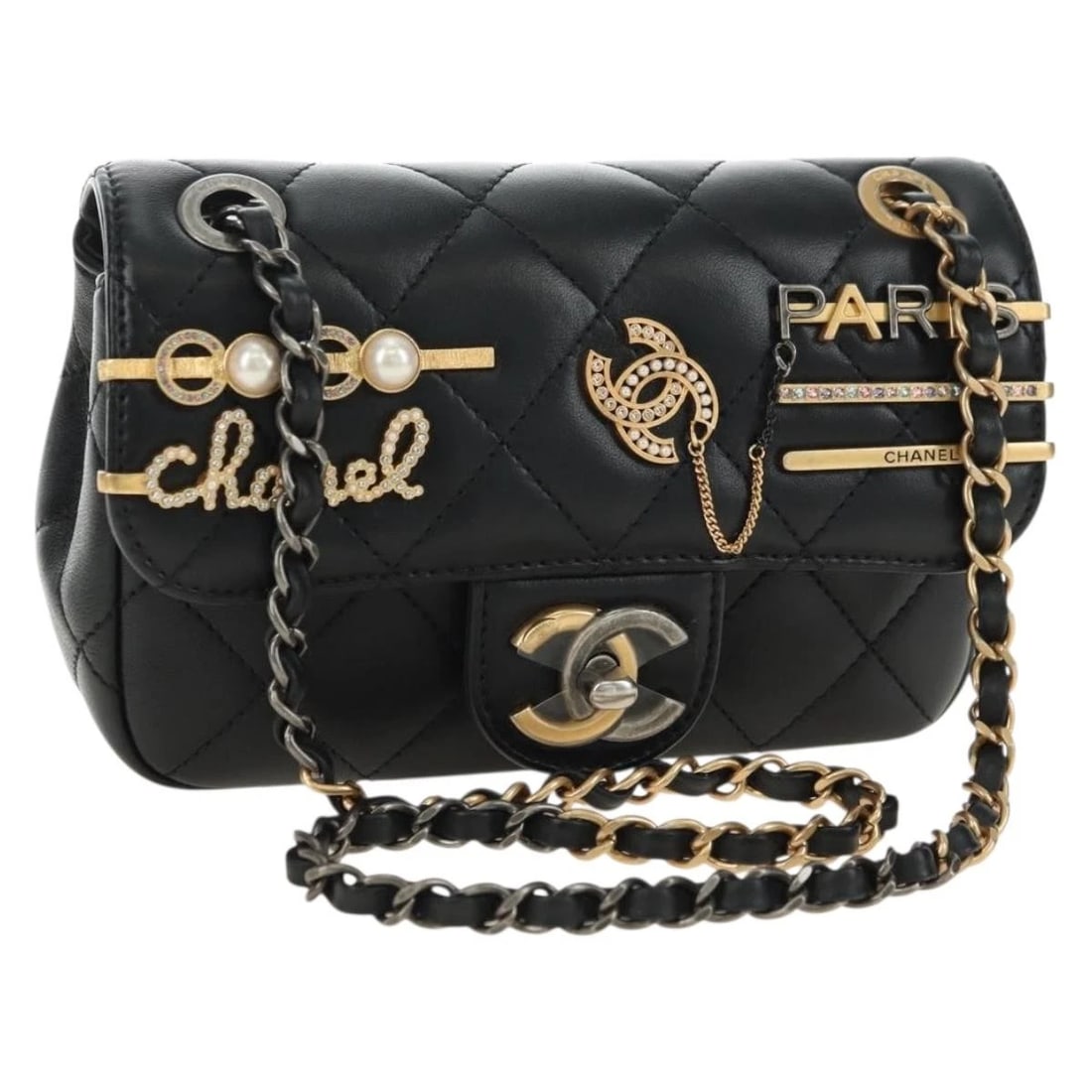 CHANEL MINI MATELASSE 17 CHAIN BAG LAMB SKIN BLACK GOLD: CHANEL Mini Matelasse 17 Chain Bag Lamb Skin Black Gold Brand: CHANEL Type/Style: Shoulder Bag Material: Lamb Skin Color: Black/Gold Size: Size(Inch) W6.7 x H4.7 x D2.4inch(Approx) Accessories: No
