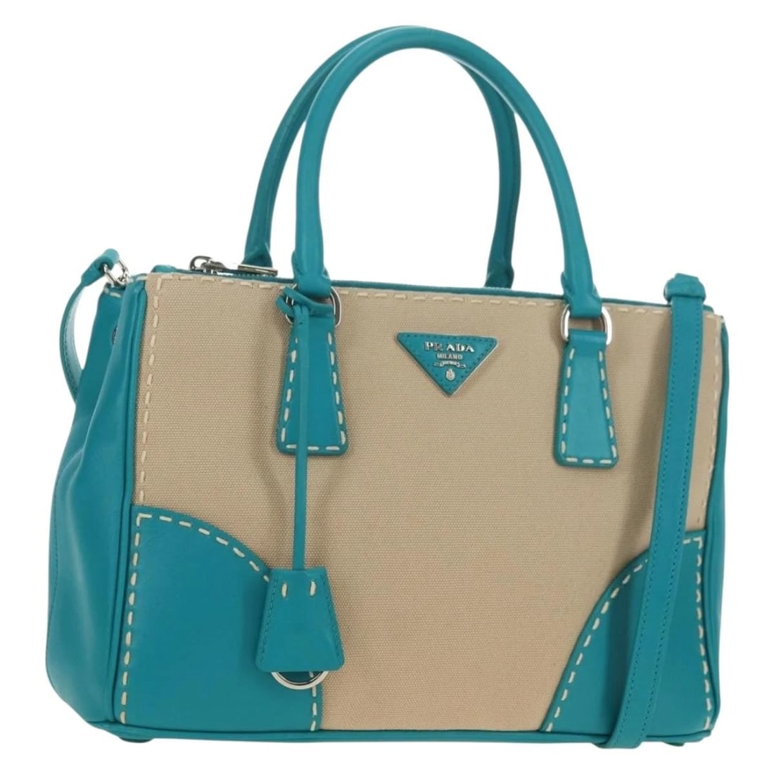 PRADA GALLERIA HAND BAG LEATHER 2WAY BLUE SILVER (1 of 5)