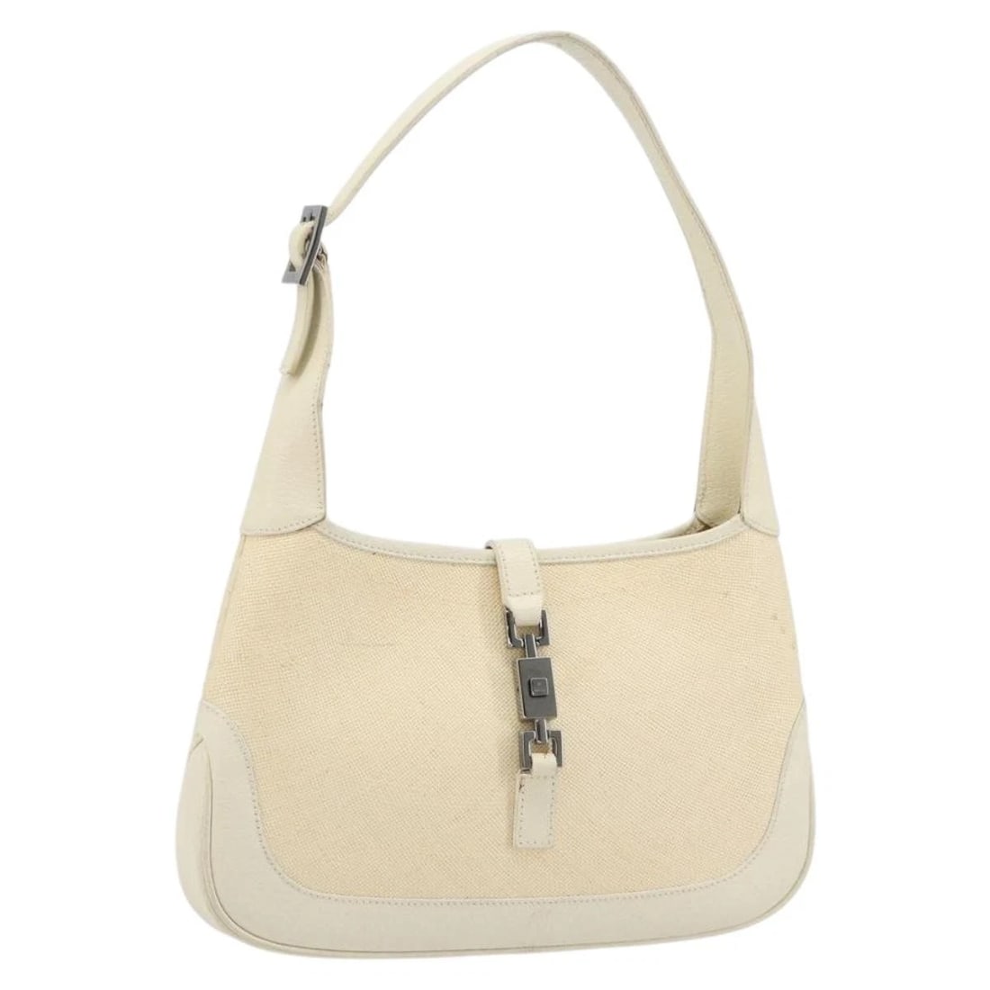 GUI JACKIE SHOULDER BAG CANVAS IVORY GOLD: GUI Jackie Shoulder Bag Canvas Ivory Gold Brand: GUCCI Type/Style: Shoulder Bag Material: Canvas Color: Ivory/Gold Size: Size(Inch) W9.8 x H5.9 x D1.2inch(Approx) Accessories: None Accesso