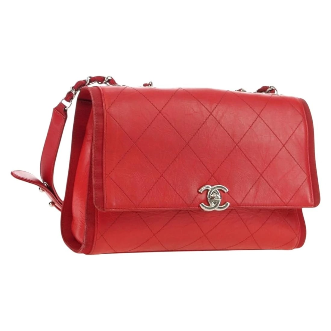 CHANEL CHAIN SHOULDER BAG CALF SKIN RED SILVER: CHANEL Chain Shoulder Bag Calf Skin Red Silver Brand: CHANEL Type/Style: Shoulder Bag Material: Lamb Skin Color: Red/Silver Size: Size(Inch) W10.2 x H7.1 x D2.8inch(Approx) Accessories: None <