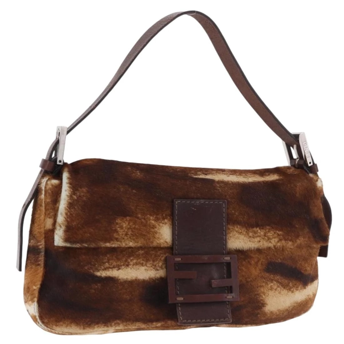 FENDI MAMMA BAGUETTE SHOULDER BAG HARAKO LEATHER BROWN SILVER: FENDI Mamma Baguette Shoulder Bag Harako Leather Brown Silver Brand: FENDI Type/Style: Shoulder Bag Material: Unborn Calf Skin Color: Brown/Silver Size: Size(Inch) W9.8 x H5.5 x D1.6inch(Approx) A