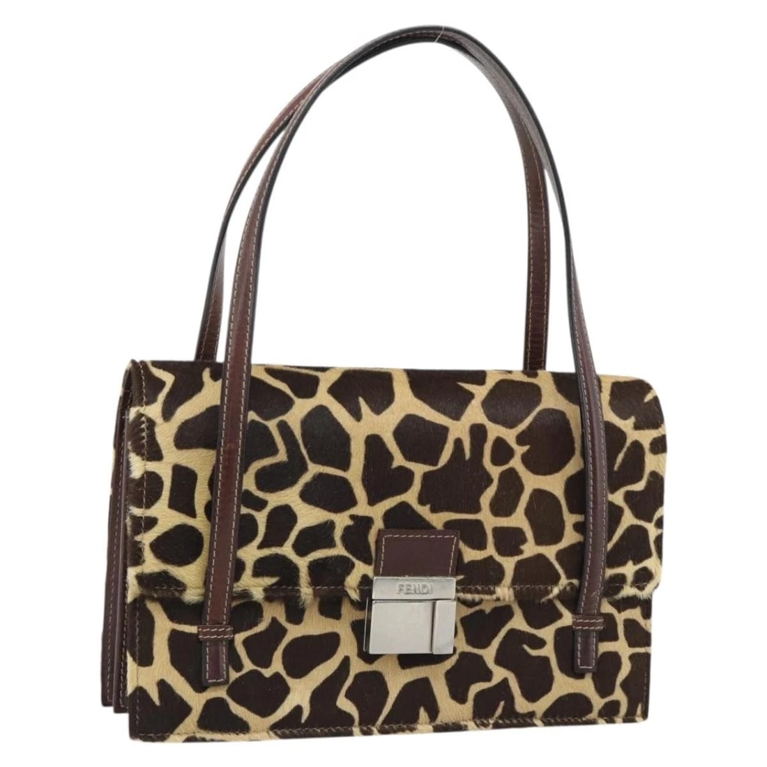 FENDI HAND BAG HARAKO LEATHER BROWN SILVER: FENDI Hand Bag Harako Leather Brown Silver Brand: FENDI Type/Style: Hand Bag Material: Unborn Calf Skin Color: Brown/Silver Size: Size(Inch) W9.8 x H6.7 x D2.0inch(Approx) Handle Drop:5.9inch(Approx) 