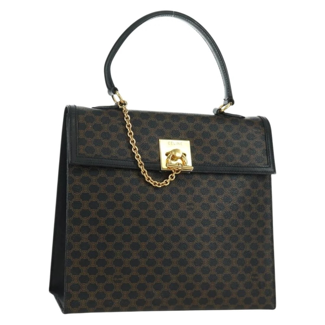 CELINE MACADAM CANVAS HAND BAG PVC LEATHER BLACK GOLD: CELINE Macadam Canvas Hand Bag PVC Leather Black Gold Brand: CELINE Type/Style: Hand Bag Material: PVC Leather/Macadam Canvas Color: Black/Gold Size: Size(Inch) W10.6 x H9.4 x D4.3inch(Approx) Handle 