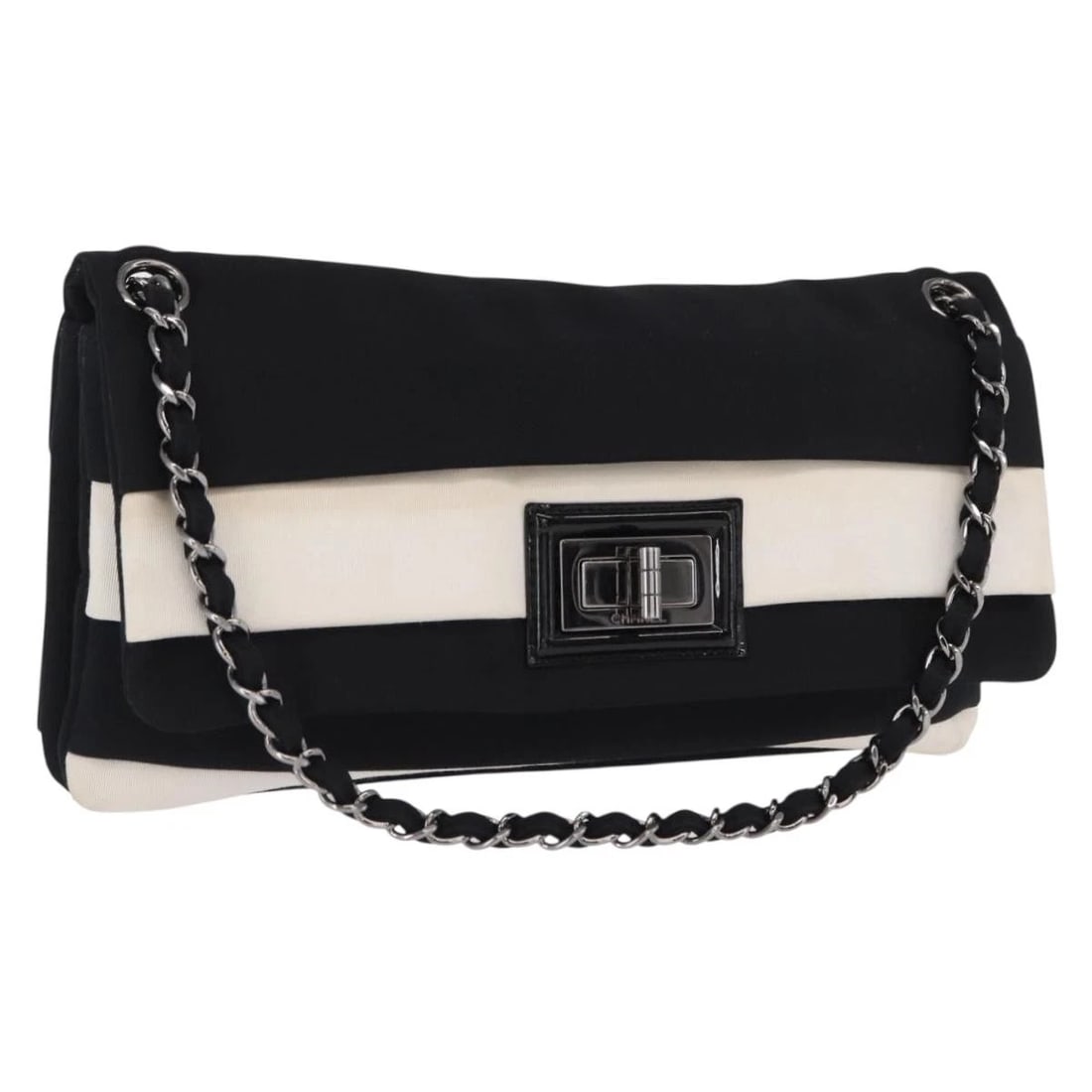 CHANEL CHAIN SHOULDER BAG NYLON BLACK SILVER: CHANEL Chain Shoulder Bag Nylon Black Silver Brand: CHANEL Type/Style: Shoulder Bag Material: Nylon Color: Black,Silver Size: Size(Inch)W11.0 x H5.9 x D0.8inch(Approx) Accessories: None Ac