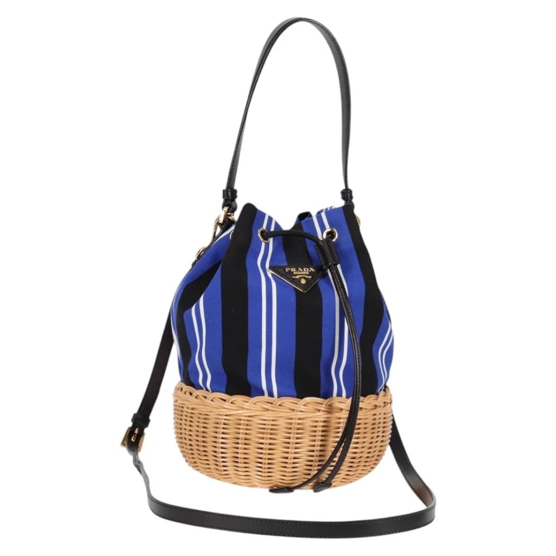 PRADA RATTAN HAND BAG CANVAS 2WAY BLUE GOLD: PRADA Rattan Hand Bag Canvas 2way Blue Gold Brand: PRADA Type/Style: Hand Bag Material: Canvas Color: Blue,Gold Size: Size(Inch)W5.5 x H8.7 x D5.5inch(Approx) Handle Drop:4.7inch(Approx) Accessori