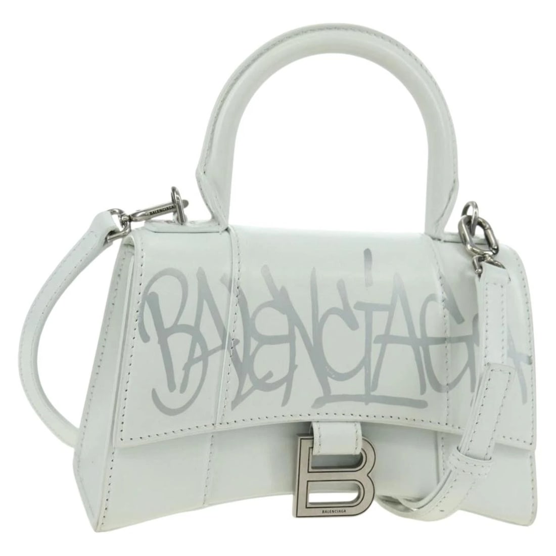 BALENCIAGA HOUR GLASS HAND BAG LEATHER 2WAY WHITE SILVER: BALENCIAGA Hour Glass Hand Bag Leather 2way White Silver Brand: BALENCIAGA Type/Style: Hand Bag Material: Leather Color: White,Silver Size: Size(Inch)W7.5 x H4.7 x D2.8inch(Approx) Handle Drop:3.5inch