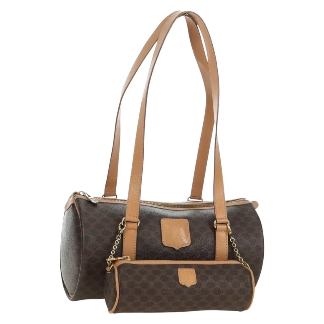 CELINE MACADAM CANVAS BOSTON BAG PVC LEATHER BROWN GOLD: CELINE Macadam Canvas Boston Bag PVC Leather Brown Gold Brand: CELINE Type/Style: Boston Bag Material: PVC Leather/Macadam Canvas Color: Brown,Gold Size: Size(Inch)W11.0 x H5.5 x D5.5inch(Approx) Hand