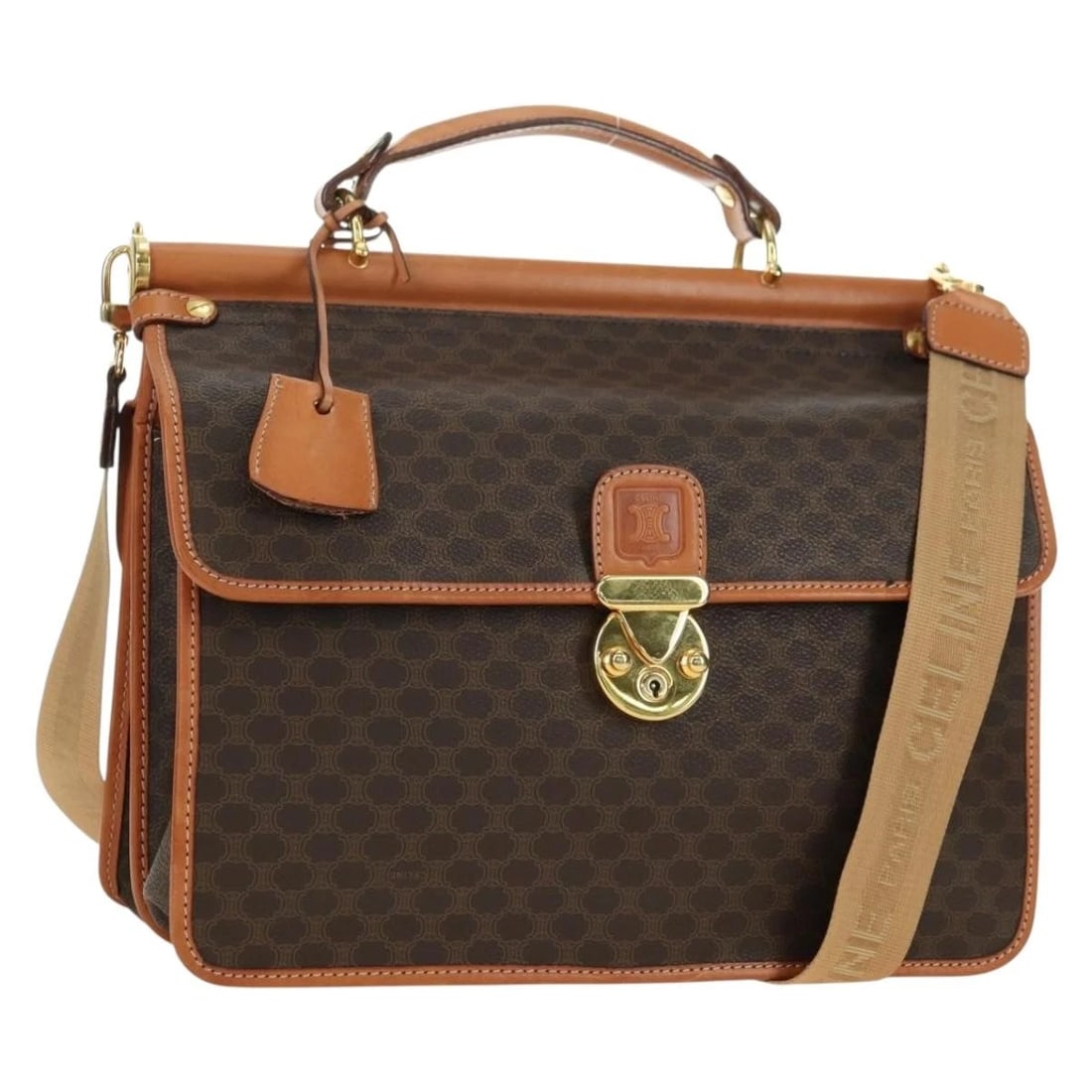 CELINE MACADAM CANVAS HAND BAG PVC LEATHER 2WAY BROWN GOLD: CELINE Macadam Canvas Hand Bag PVC Leather 2way Brown Gold Brand: CELINE Type/Style: Hand Bag Material: PVC Leather/Macadam Canvas Color: Brown,Gold Size: Size(Inch)W12.6 x H10.2 x D5.5inch(Approx) Ha