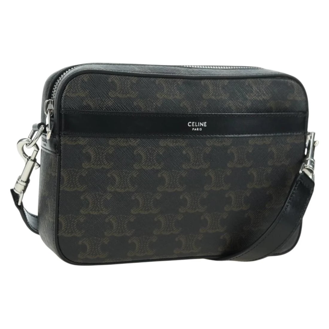 CELINE TRIOMPHE SHOULDER BAG PVC LEATHER BLACK SILVER: CELINE Triomphe Shoulder Bag PVC Leather Black Silver Brand: CELINE Type/Style: Shoulder Bag Material: PVC Leather Color: Black,Silver Size: Size(Inch)W8.3 x H5.5 x D2.0inch(Approx) Accessories: N