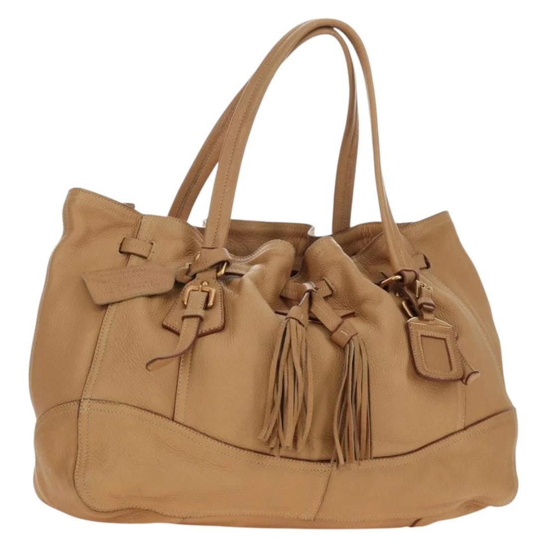 PRADA TOTE BAG LEATHER BEIGE GOLD: PRADA Tote Bag Leather Beige Gold Brand: PRADA Type/Style: Tote Bag Material: Leather Color: Beige,Gold Size: Size(Inch)W15.7 x H11.4 x D6.3inch(Approx) Handle Drop:7.9inch(Approx) Accessories: No