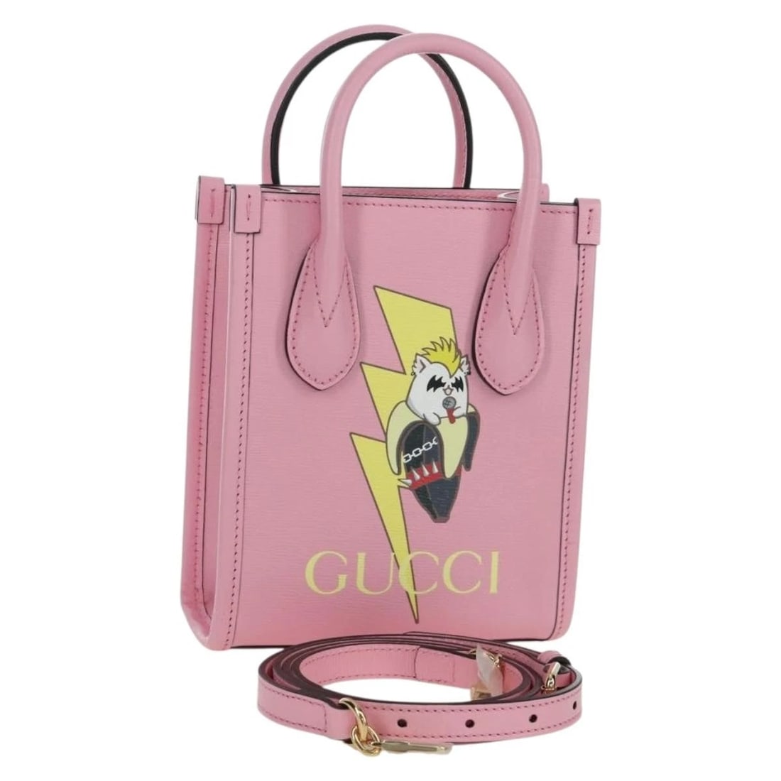 GUI BANANYA MINI TOTE BAG LEATHER 2WAY PINK GOLD: GUI Bananya Mini Tote Bag Leather 2way Pink Gold Brand: GUCCI Type/Style: Tote Bag Material: Leather Color: Pink,Gold Size: Size(Inch)W5.9 x H7.5 x D2.8inch(Approx) Handle Drop:2.4inch(Approx) Acc