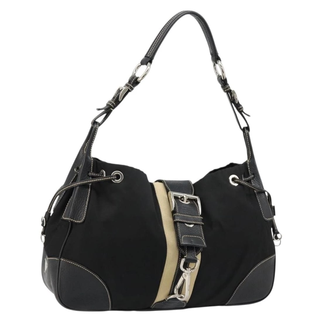 PRADA SHOULDER BAG NYLON LEATHER BLACK SILVER (1 of 7)