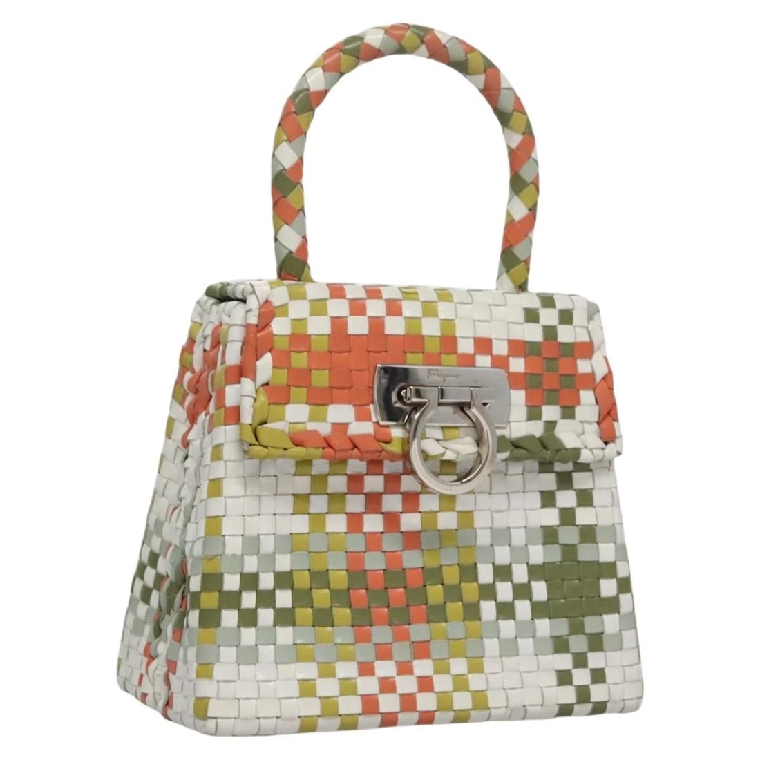 SALVATORE FERRAGAMO GANCINI HAND BAG LEATHER MULTICOLOR: Salvatore Ferragamo Gancini Hand Bag Leather Multicolor Brand: Salvatore Ferragamo Type/Style: Hand Bag Material: Leather Color: Multicolor Size: Size(Inch)W7.9 x H6.3 x D3.9inch(Approx) Handle Drop:4