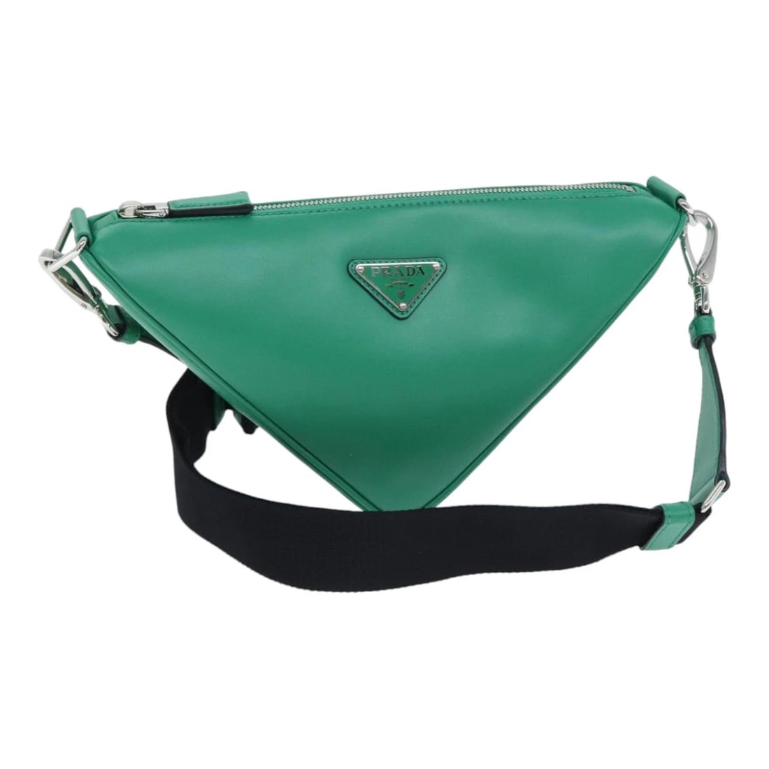 PRADA TRIANGLE SHOULDER BAG LEATHER GREEN SILVER: PRADA Triangle Shoulder Bag Leather Green Silver Brand: PRADA Type/Style: Shoulder Bag Material: Nylon Color: Green/Silver Size: Size(Inch)W11.0 x H6.3 x D3.9inch(Approx) Accessories: None