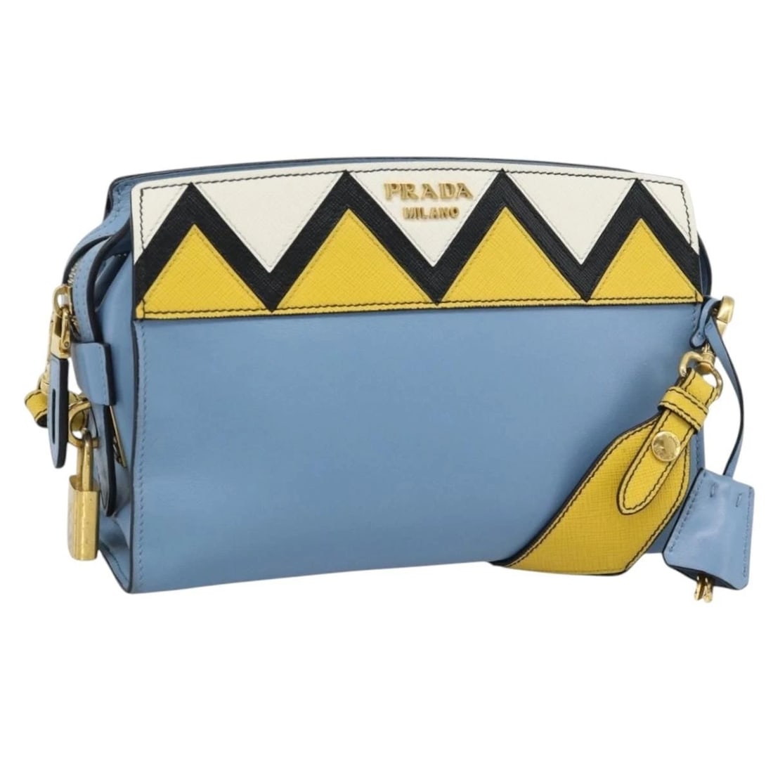 PRADA SHOULDER BAG LEATHER LIGHT BLUE GOLD (1 of 5)