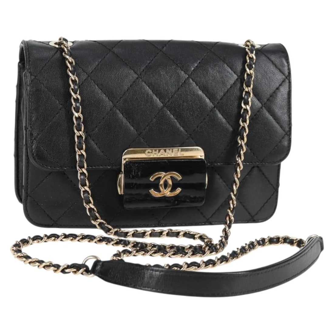 CHANEL MATELASSE CHAIN SHOULDER BAG LAMB SKIN BLACK GOLD: CHANEL Matelasse Chain Shoulder Bag Lamb Skin Black Gold Brand: CHANEL Type/Style: Shoulder Bag Material: Lamb Skin Color: Black/Gold Size: Size(Inch)W8.3 x H4.7 x D1.4inch(Approx) Accessories: No