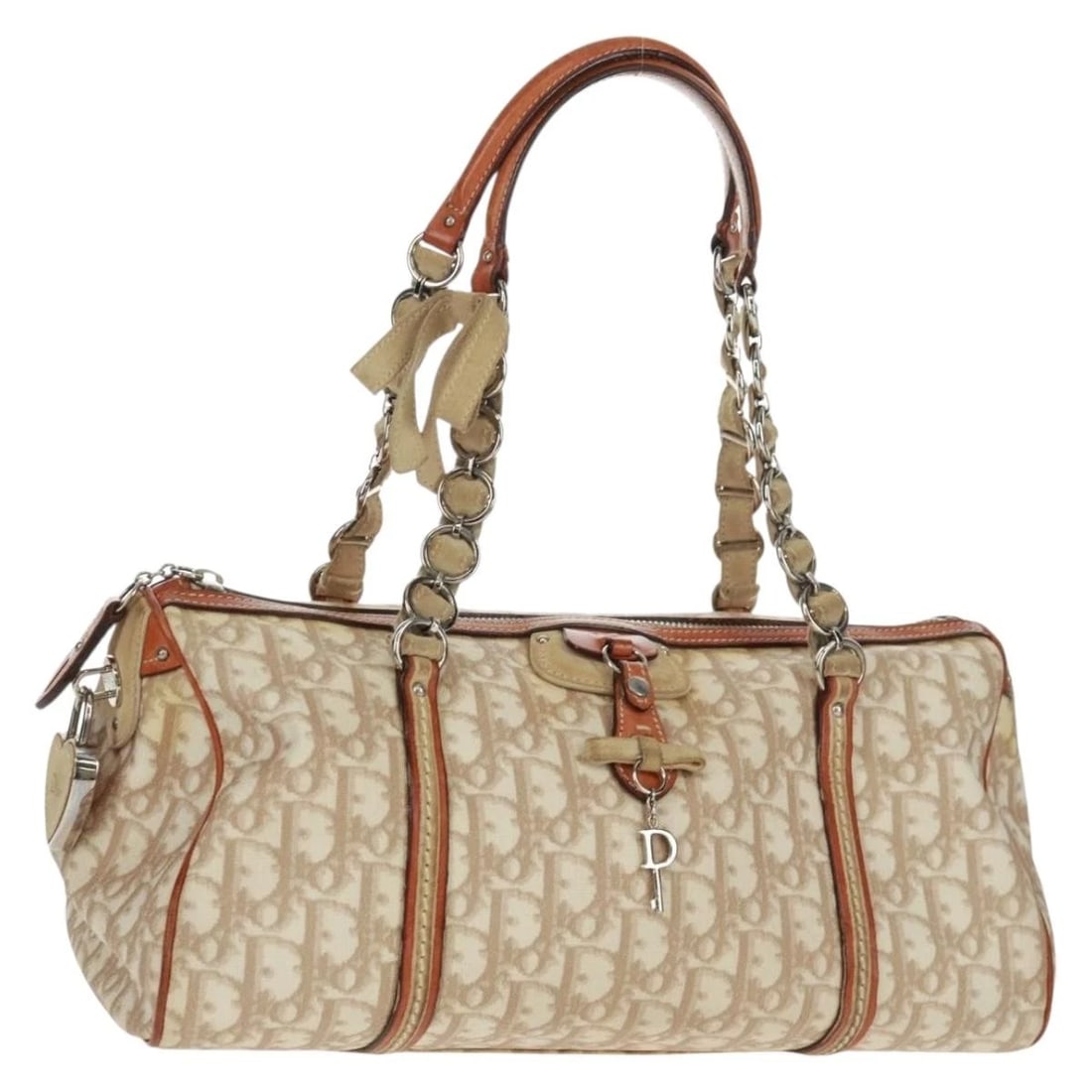 CHRISTIAN DIOR TROTTER CANVAS ROMANTIC BAG PVC BEIGE SILVER: Christian Dior Trotter Canvas Romantic Bag PVC Beige Silver Brand: Christian Dior Type/Style: Boston Bag Material: Trotter Canvas Color: Beige/Silver Size: Size(Inch)W13.0 x H5.1 x D5.9inch(Approx) Ha