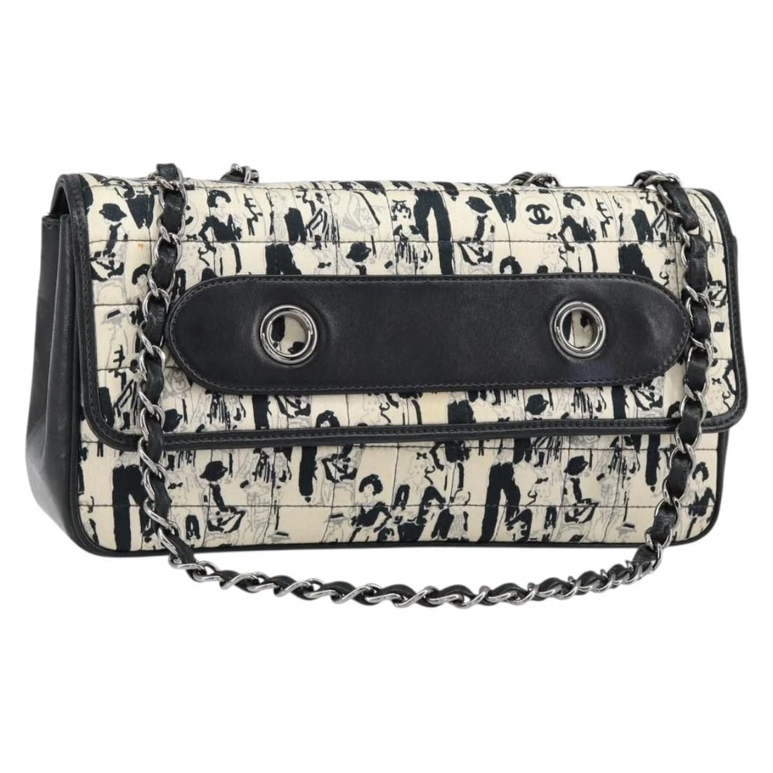 CHANEL CHOCO BAR CHAIN SHOULDER BAG SATIN BLACK SILVER: CHANEL Choco Bar Chain Shoulder Bag Satin Black Silver Brand: CHANEL Type/Style: Shoulder Bag Material: Satin Color: Black/Silver Size: Size(Inch)W9.8 x H4.7 x D2.4inch(Approx) Accessories: None <