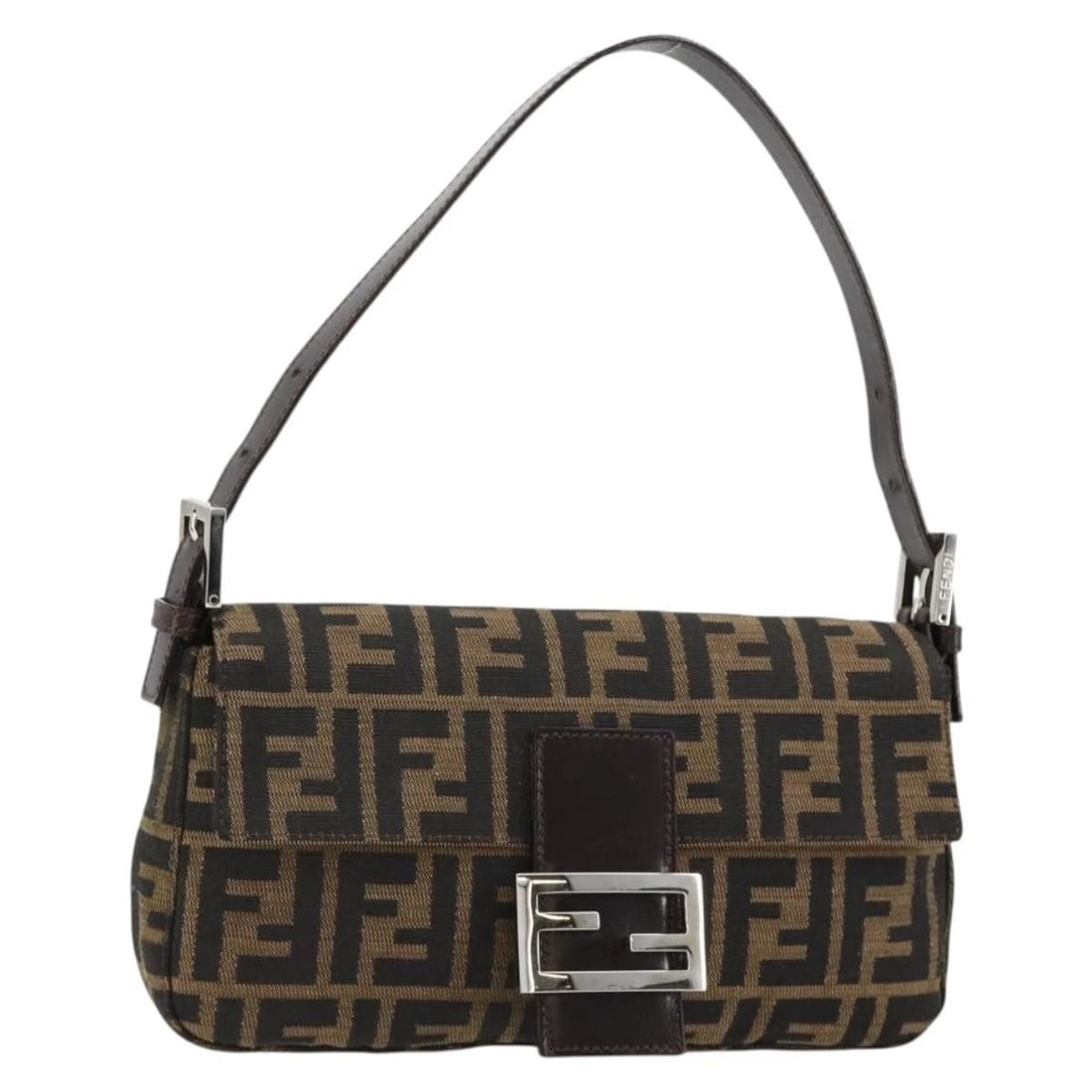 FENDI ZUA CANVAS MAMMA BAGUETTE SHOULDER BAG BLACK BROWN SILVER (1 of 6)