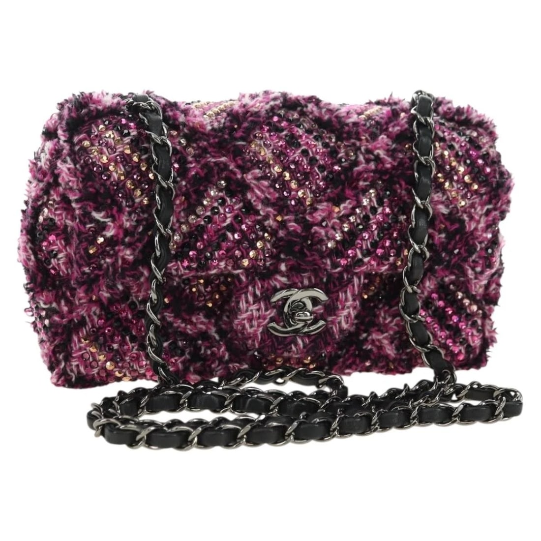 CHANEL MATELASSE 21 CHAIN SHOULDER BAG TWEED PINK SILVER: CHANEL Matelasse 21 Chain Shoulder Bag Tweed Pink Silver Brand: CHANEL Type/Style: Shoulder Bag Material: Canvas Color: Pink/Silver Size: Size(Inch)W8.3 x H3.9 x D2.8inch(Approx) Accessories: None