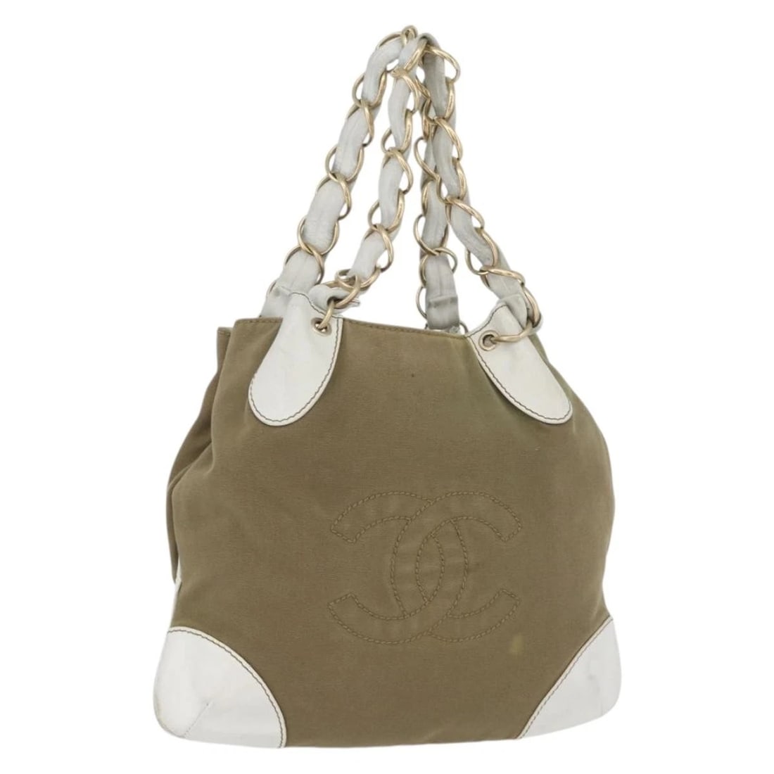 CHANEL CHAIN TOTE BAG CANVAS BEIGE GOLD: CHANEL Chain Tote Bag Canvas Beige Gold Brand: CHANEL Type/Style: Tote Bag Material: Canvas Color: Beige/Gold Size: Size(Inch)W13.8 x H12.6 x D0.4inch(Approx) Handle Drop:7.9inch(Approx) Accessori