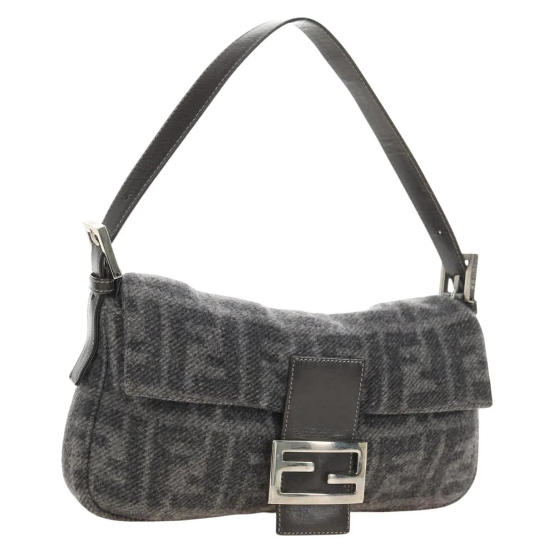 FENDI ZUA CANVAS MAMMA BAGUETTE SHOULDER BAG WOOL GRAY SILVER (1 of 3)