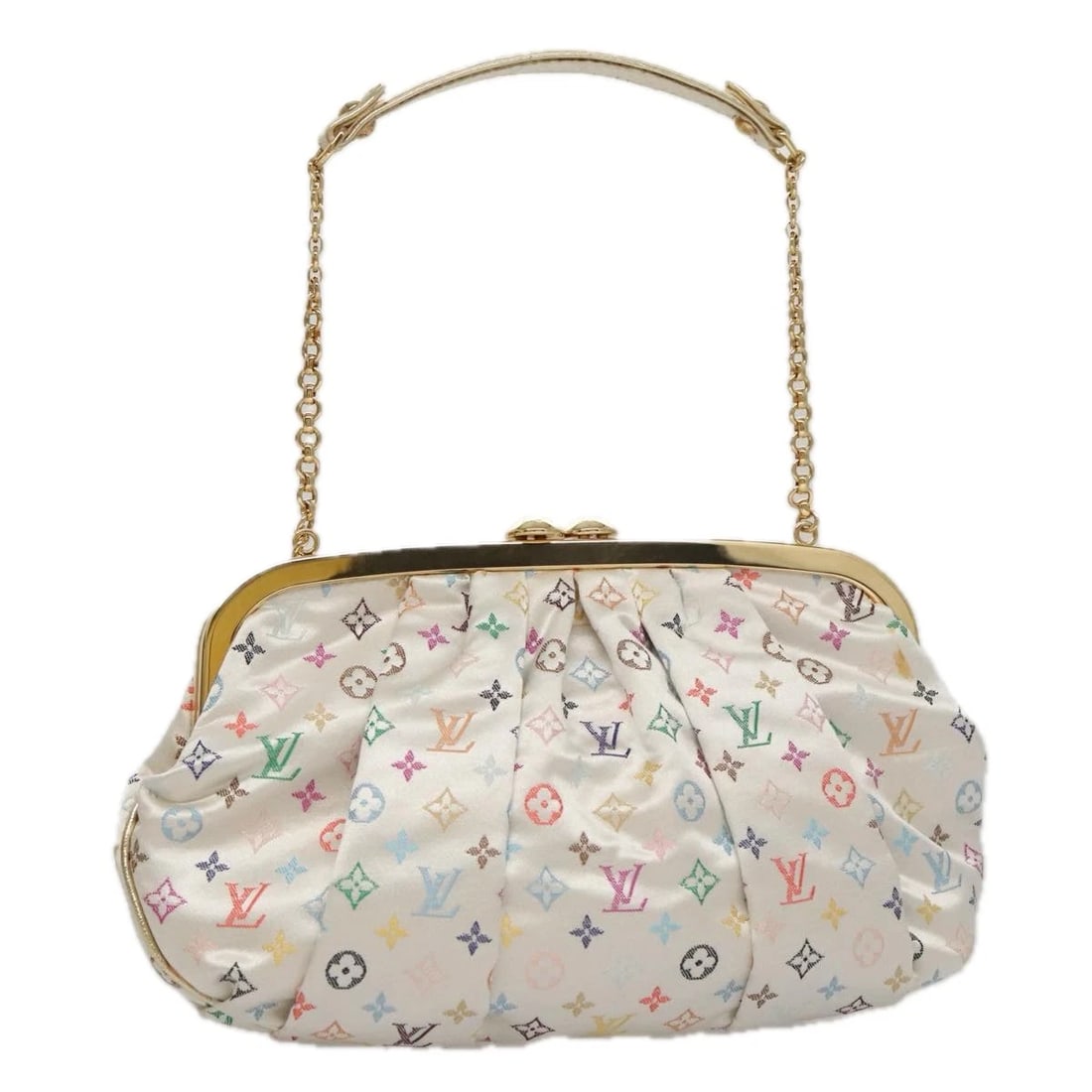 LOUIS VUITTON MULTICOLOR SATIN OMONIERE POUCH WHITE: LOUIS VUITTON Multicolor Satin Omoniere Pouch White Brand: LOUIS VUITTON Type/Style: Pouch Material: Satin/Monogram Canvas Color: White Size: Size(Inch)W9.1 x H5.1inch(Approx) Accessories: None