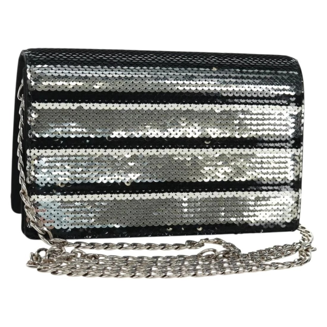 PRADA CHAIN SEQUIN SHOULDER BAG LEATHER BLACK SILVER: PRADA Chain Sequin Shoulder Bag Leather Black Silver Brand: PRADA Type/Style: Shoulder Bag Material: Leather Color: Black/Silver Size: Size(Inch)W7.9 x H4.7 x D1.6inch(Approx) Accessories: None