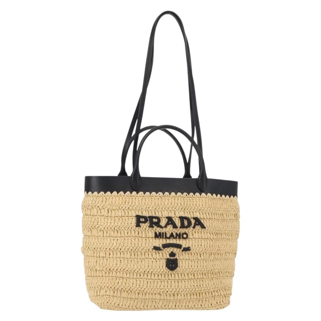 PRADA HAND BAG STRAW LEATHER 2WAY BEIGE BLACK: PRADA Hand Bag Straw Leather 2way Beige Black Brand: PRADA Type/Style: Hand Bag Material: Wood Color: Beige/Black Size: Size(Inch)W9.8 x H9.8 x D4.7inch(Approx)Handle Drop:3.9inch(Approx) Accessor
