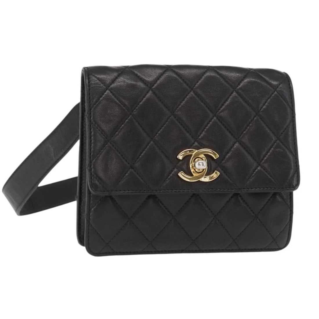 CHANEL MATELASSE WAIST BAG LAMB SKIN BLACK GOLD: CHANEL Matelasse Waist bag Lamb Skin Black Gold Brand: CHANEL Type/Style: Waist bag Material: Leather/Lamb Skin Color: Black/Gold Size: Size(Inch)W5.9 x H4.3 x D0.8inch(Approx) Accessories: None <