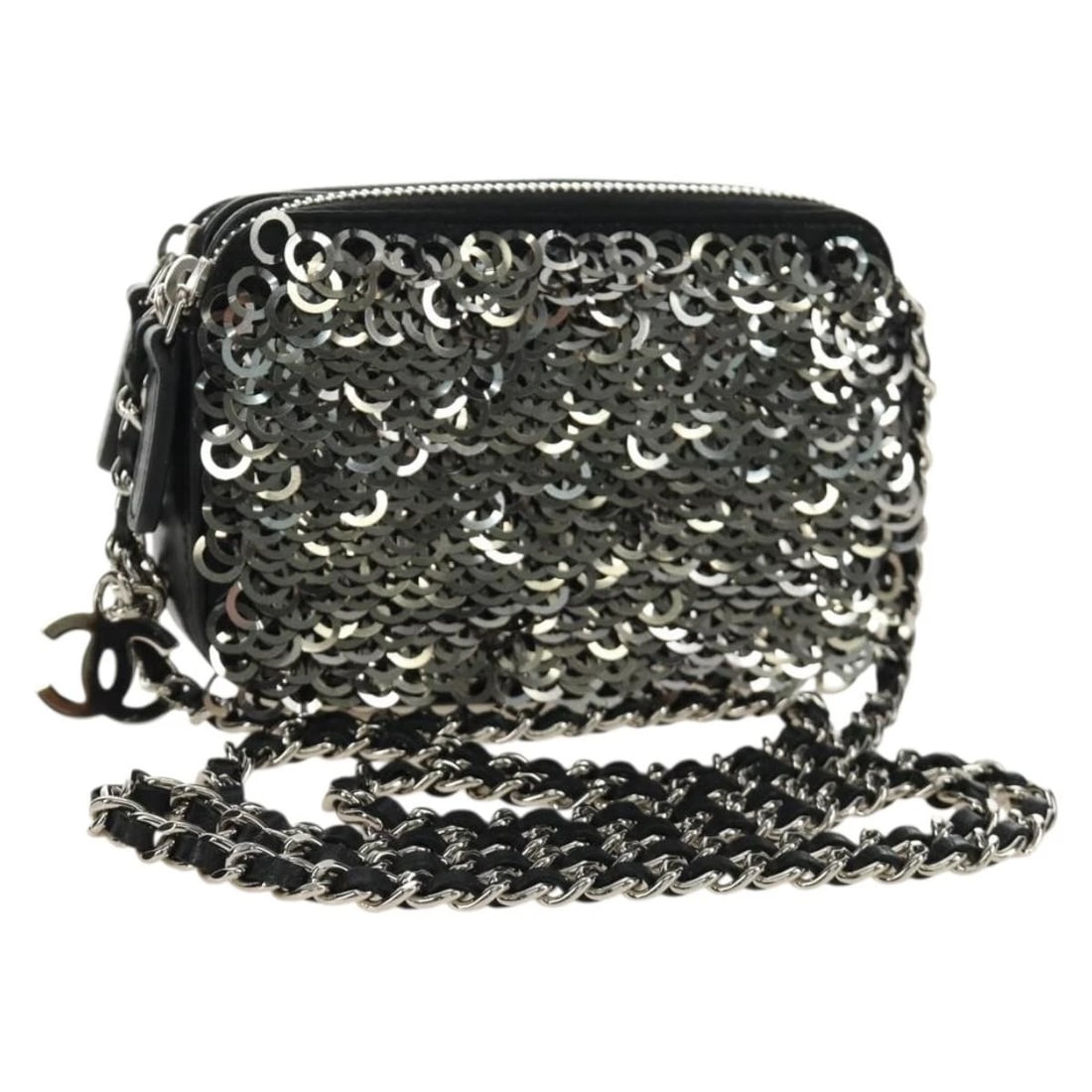 CHANEL CHAIN SHOULDER BAG SEQUIN BLACK SILVER: CHANEL Chain Shoulder Bag Sequin Black Silver Brand: CHANEL Type/Style: Shoulder Bag Material: Canvas Color: Black/Silver Size: Size(Inch)W5.1 x H3.1 x D1.2inch(Approx) Accessories: None A