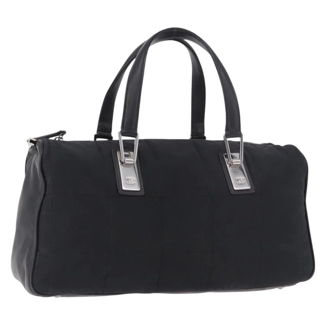 CHANEL CHOCO BAR HAND BAG NYLON BLACK SILVER: CHANEL Choco Bar Hand Bag Nylon Black Silver Brand: CHANEL Type/Style: Hand Bag Material: Nylon Color: Black/Silver Size: Size(Inch)W13.8 x H5.9 x D3.9inch(Approx) Handle Drop:3.9inch(Approx) Acce