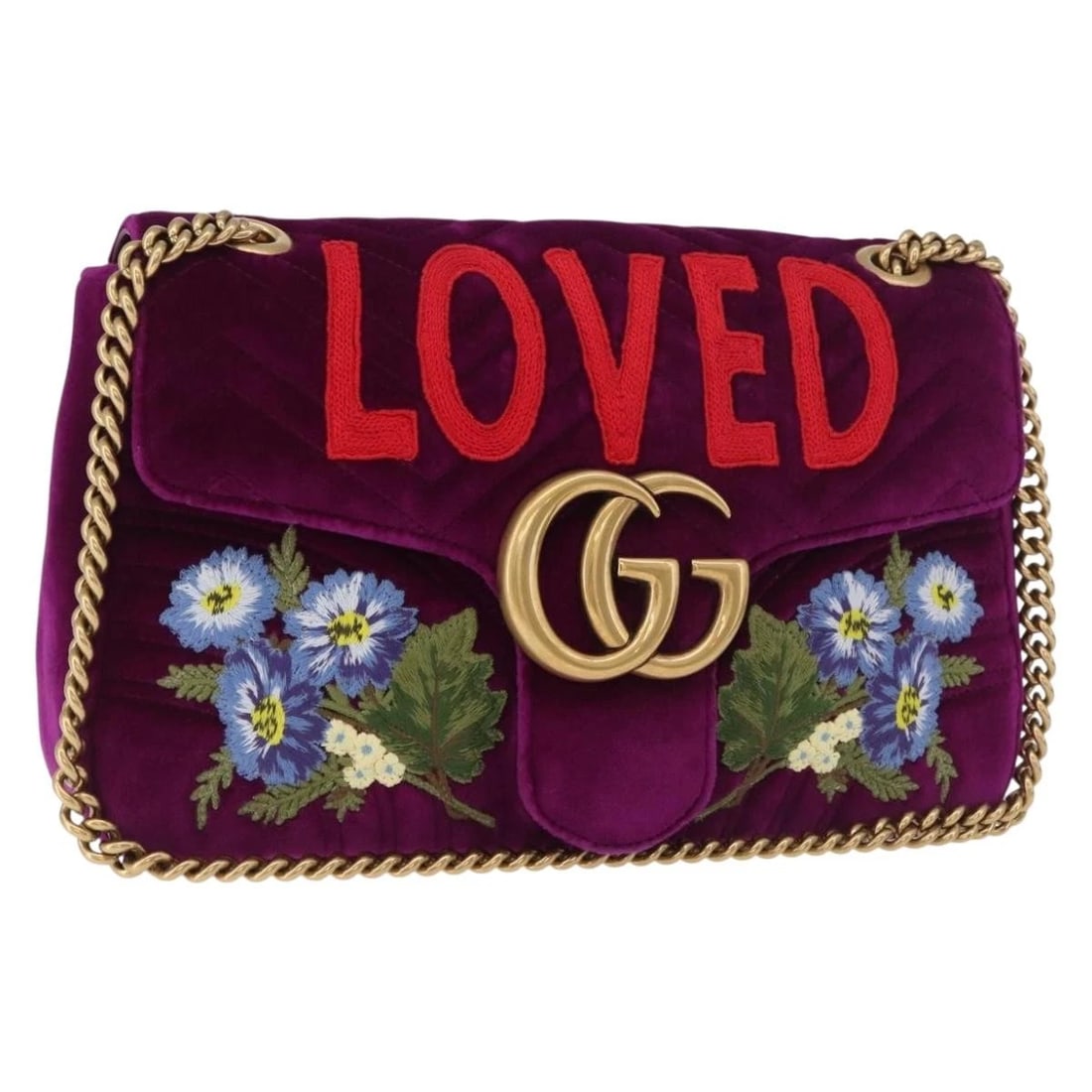GUI GG MARMONT CHAIN SHOULDER BAG VELOR PURPLE GOLD: GUI GG Marmont Chain Shoulder Bag Velor Purple Gold Brand: GUCCI Type/Style: Shoulder Bag Material: Velor Color: Purple/Gold Size: Size(Inch)W11.4 x H6.7 x D2.8inch(Approx) Accessories: None <